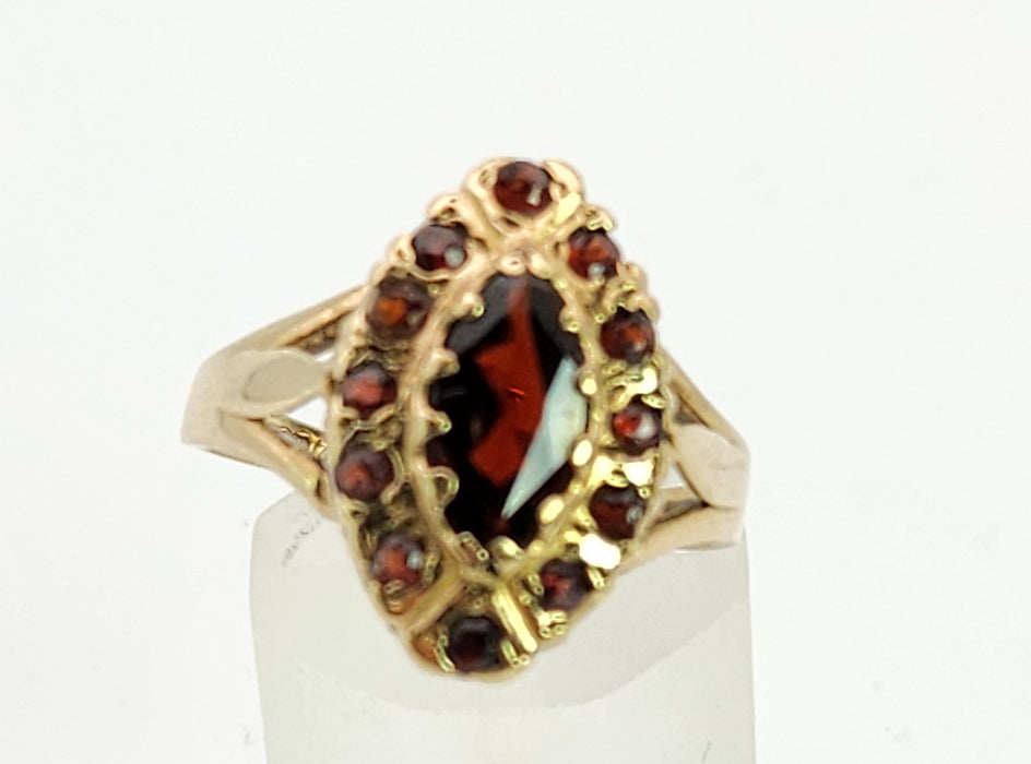6359 : Vintage: 9ct Gold 13 Navette Set Garnets Cluster Ring- From 1977