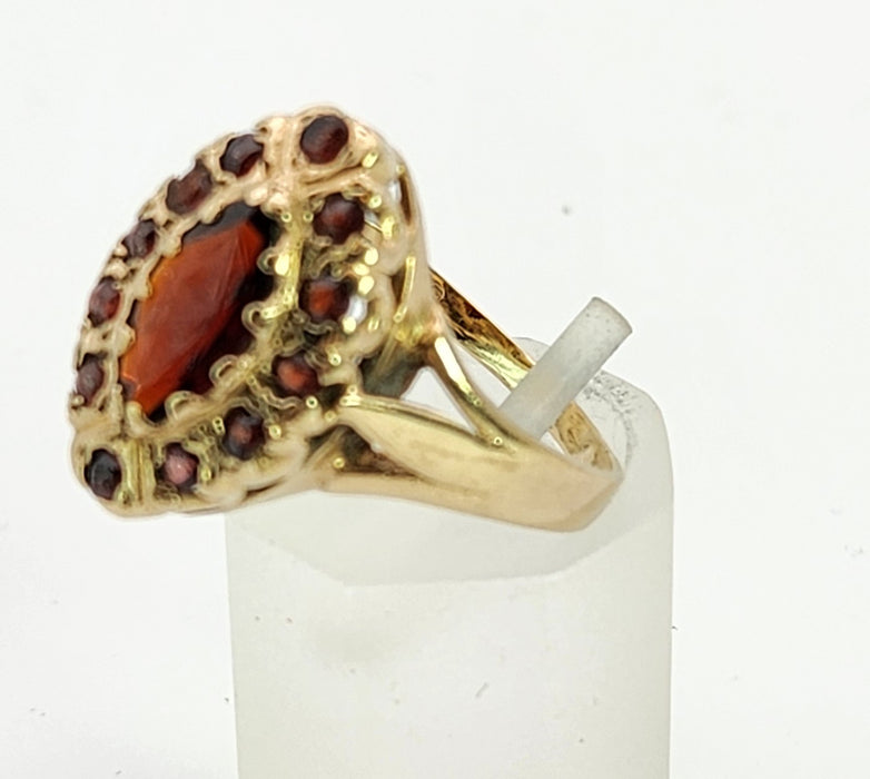 6359 : Vintage: 9ct Gold 13 Navette Set Garnets Cluster Ring- From 1977