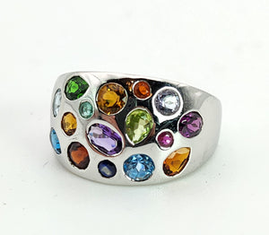 1477: Vintage: 9ct White Gold Multi- Gem Bombe Ring- fabulous, fun colour array