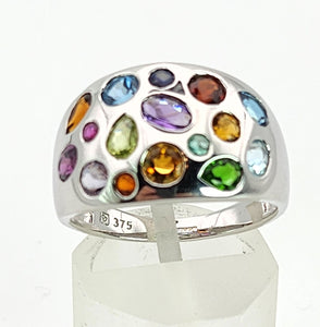 1477: Vintage: 9ct White Gold Multi- Gem Bombe Ring- fabulous, fun colour array