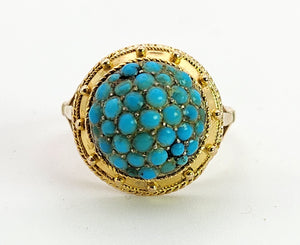 6154: Vintage: 18ct Gold Turquoises Domed Cluster Cocktail&nbsp; Ring- lovely symmetry