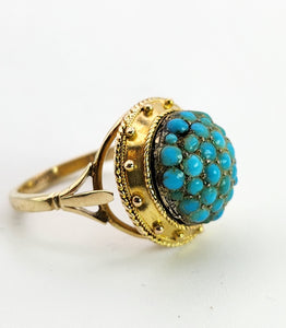 6154: Vintage: 18ct Gold Turquoises Domed Cluster Cocktail&nbsp; Ring- lovely symmetry