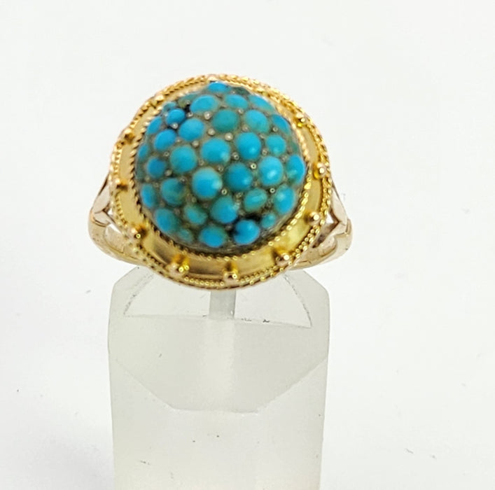 6154: Vintage: 18ct Gold Turquoises Domed Cluster Cocktail&nbsp; Ring- lovely symmetry