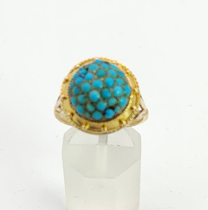 6154: Vintage: 18ct Gold Turquoises Domed Cluster Cocktail&nbsp; Ring- lovely symmetry