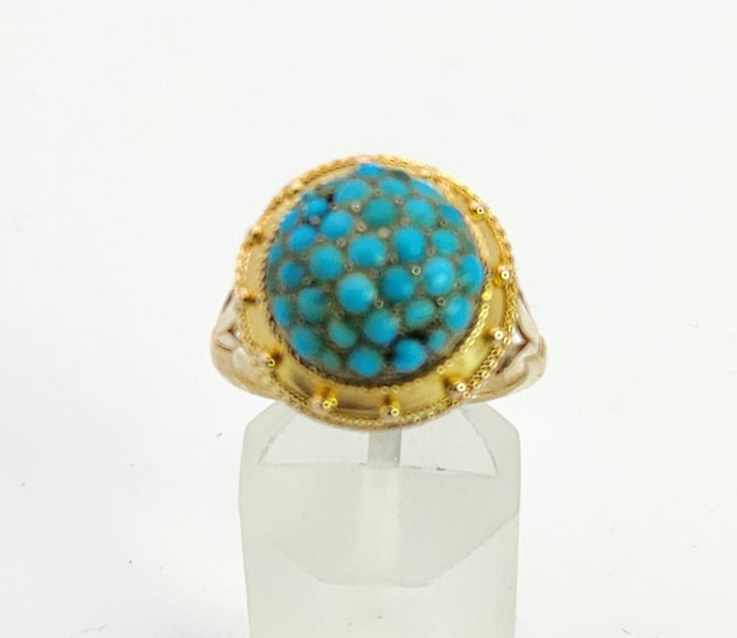 6154: Vintage: 18ct Gold Turquoises Domed Cluster Cocktail&nbsp; Ring- lovely symmetry