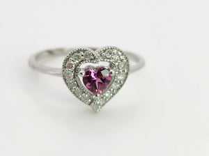 1160: Vintage; 9ct White Gold Heart-Cut Almandine Garnet Diamonds Ring- cute & sparkly