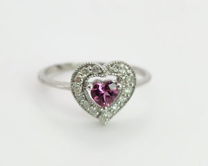 1160: Vintage; 9ct White Gold Heart-Cut Almandine Garnet Diamonds Ring- cute & sparkly