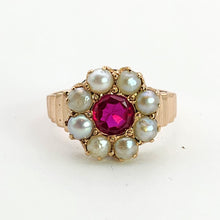 Load image into Gallery viewer, 1447: Antique: 15ct Gold Ruby Pearls Flower Head Ring- Over 100 years old
