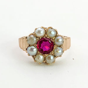 1447: Antique: 15ct Gold Ruby Pearls Flower Head Ring- Over 100 years old