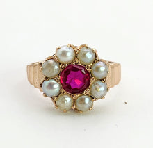 Load image into Gallery viewer, 1447: Antique: 15ct Gold Ruby Pearls Flower Head Ring- Over 100 years old
