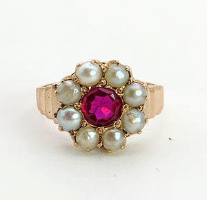 1447: Antique: 15ct Gold Ruby Pearls Flower Head Ring- Over 100 years old