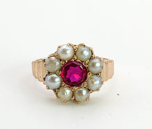 Load image into Gallery viewer, 1447: Antique: 15ct Gold Ruby Pearls Flower Head Ring- Over 100 years old
