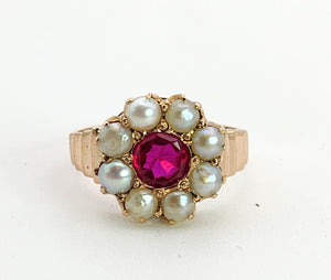 1447: Antique: 15ct Gold Ruby Pearls Flower Head Ring- Over 100 years old