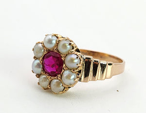 1447: Antique: 15ct Gold Ruby Pearls Flower Head Ring- Over 100 years old