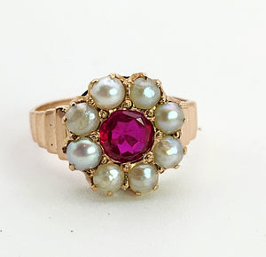 1447: Antique: 15ct Gold Ruby Pearls Flower Head Ring- Over 100 years old
