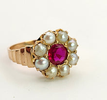 Load image into Gallery viewer, 1447: Antique: 15ct Gold Ruby Pearls Flower Head Ring- Over 100 years old
