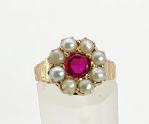 1447: Antique: 15ct Gold Ruby Pearls Flower Head Ring- Over 100 years old