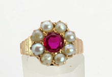 Load image into Gallery viewer, 1447: Antique: 15ct Gold Ruby Pearls Flower Head Ring- Over 100 years old
