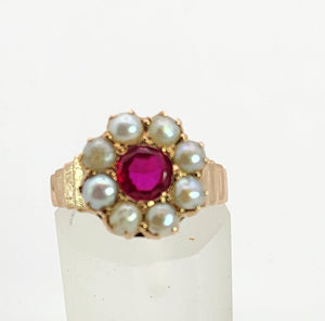 1447: Antique: 15ct Gold Ruby Pearls Flower Head Ring- Over 100 years old
