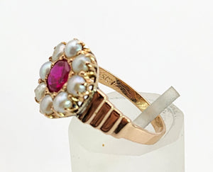 1447: Antique: 15ct Gold Ruby Pearls Flower Head Ring- Over 100 years old