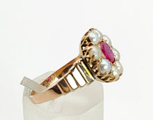 Load image into Gallery viewer, 1447: Antique: 15ct Gold Ruby Pearls Flower Head Ring- Over 100 years old
