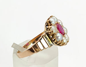 1447: Antique: 15ct Gold Ruby Pearls Flower Head Ring- Over 100 years old