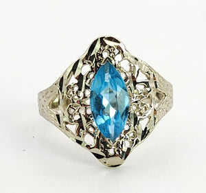 1556: Vintage: 14ct White Gold Marquise Cut Blue Topaz Openwork Dress Ring