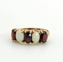 Cargar imagen en el visor de la galería, 1564: Vintage: 9ct Gold White Opals Red Garnets Dress/Stacker Ring- 1970&#39;s Vintage
