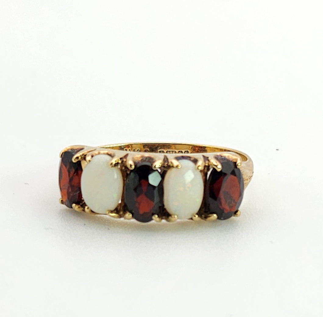 1564: Vintage: 9ct Gold White Opals Red Garnets Dress/Stacker Ring- 1970's Vintage