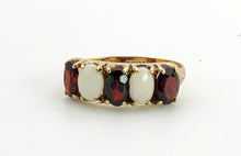 Cargar imagen en el visor de la galería, 1564: Vintage: 9ct Gold White Opals Red Garnets Dress/Stacker Ring- 1970&#39;s Vintage
