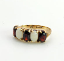 Cargar imagen en el visor de la galería, 1564: Vintage: 9ct Gold White Opals Red Garnets Dress/Stacker Ring- 1970&#39;s Vintage

