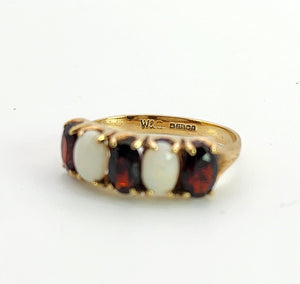 1564: Vintage: 9ct Gold White Opals Red Garnets Dress/Stacker Ring- 1970's Vintage