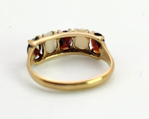 1564: Vintage: 9ct Gold White Opals Red Garnets Dress/Stacker Ring- 1970's Vintage