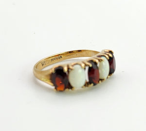 1564: Vintage: 9ct Gold White Opals Red Garnets Dress/Stacker Ring- 1970's Vintage