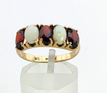 Cargar imagen en el visor de la galería, 1564: Vintage: 9ct Gold White Opals Red Garnets Dress/Stacker Ring- 1970&#39;s Vintage
