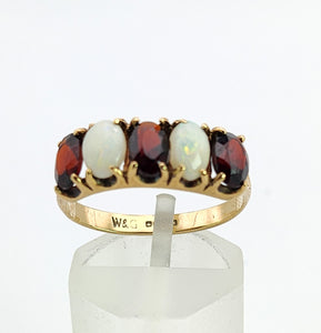 1564: Vintage: 9ct Gold White Opals Red Garnets Dress/Stacker Ring- 1970's Vintage