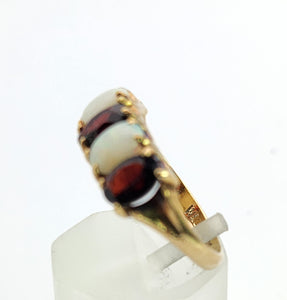 1564: Vintage: 9ct Gold White Opals Red Garnets Dress/Stacker Ring- 1970's Vintage