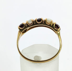 1564: Vintage: 9ct Gold White Opals Red Garnets Dress/Stacker Ring- 1970's Vintage