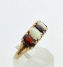 Cargar imagen en el visor de la galería, 1564: Vintage: 9ct Gold White Opals Red Garnets Dress/Stacker Ring- 1970&#39;s Vintage
