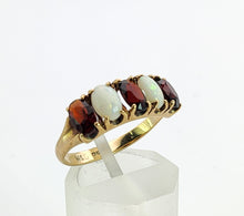 Cargar imagen en el visor de la galería, 1564: Vintage: 9ct Gold White Opals Red Garnets Dress/Stacker Ring- 1970&#39;s Vintage
