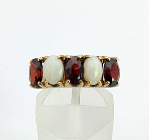 1564: Vintage: 9ct Gold White Opals Red Garnets Dress/Stacker Ring- 1970's Vintage