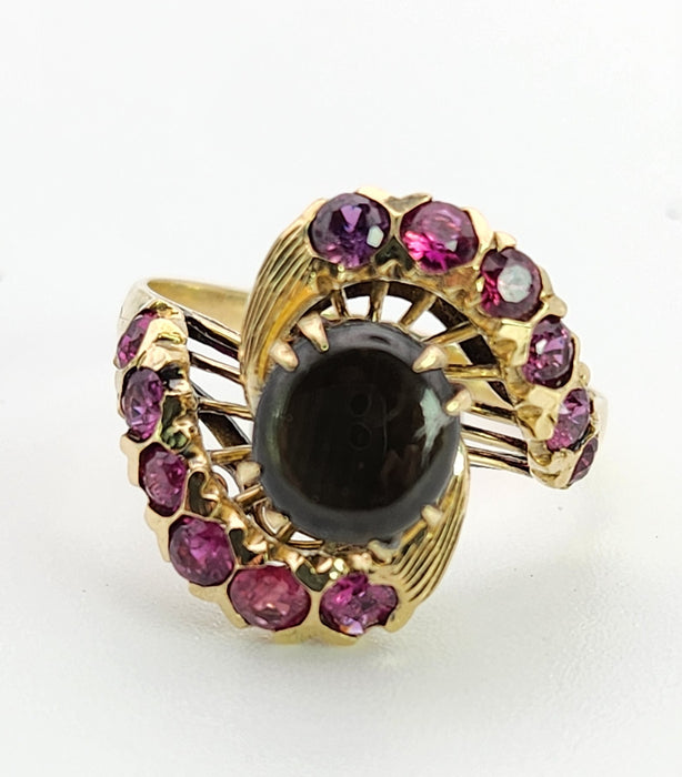 Vintage: 18ct Yellow Gold Blue Sapphire & Red Topaz Swirl Cluster Ring