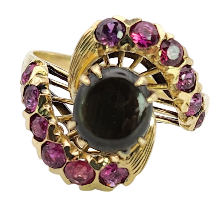 Vintage: 18ct Yellow Gold Blue Sapphire & Red Topaz Swirl Cluster Ring