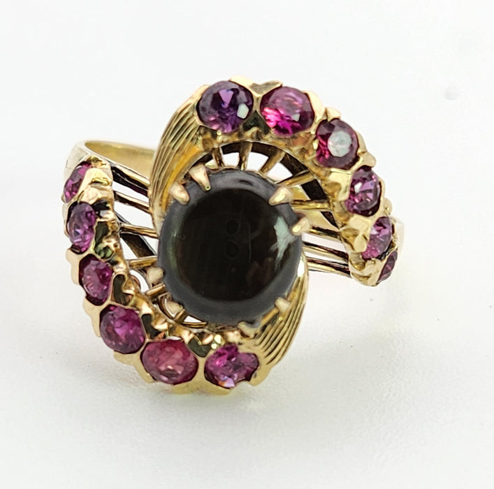 Vintage: 18ct Yellow Gold Blue Sapphire & Red Topaz Swirl Cluster Ring