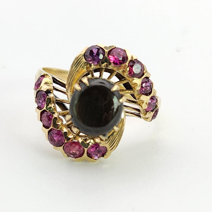 Vintage: 18ct Yellow Gold Blue Sapphire & Red Topaz Swirl Cluster Ring