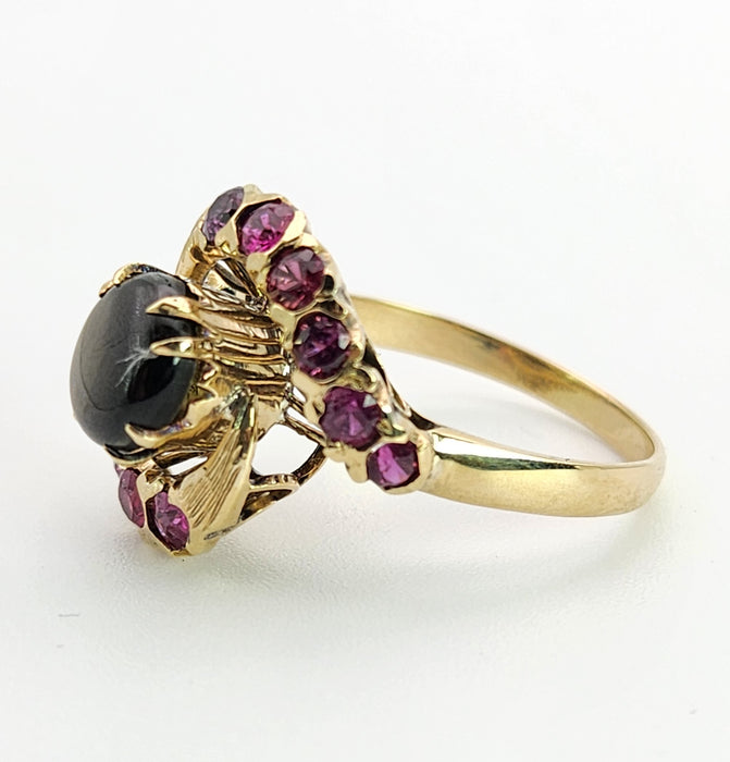 Vintage: 18ct Yellow Gold Blue Sapphire & Red Topaz Swirl Cluster Ring