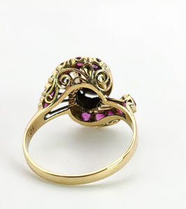 1437: Vintage: 18ct Gold Blue Sapphire Red Topaz Swirl Cluster Ring- Dramatic statement