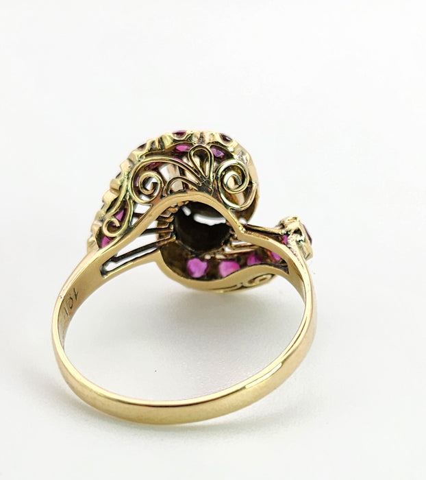 Vintage: 18ct Yellow Gold Blue Sapphire & Red Topaz Swirl Cluster Ring