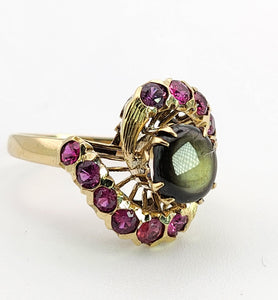 1437: Vintage: 18ct Gold Blue Sapphire Red Topaz Swirl Cluster Ring- Dramatic statement