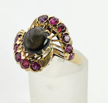 Load image into Gallery viewer, 1437: Vintage: 18ct Gold Blue Sapphire Red Topaz Swirl Cluster Ring- Dramatic statement
